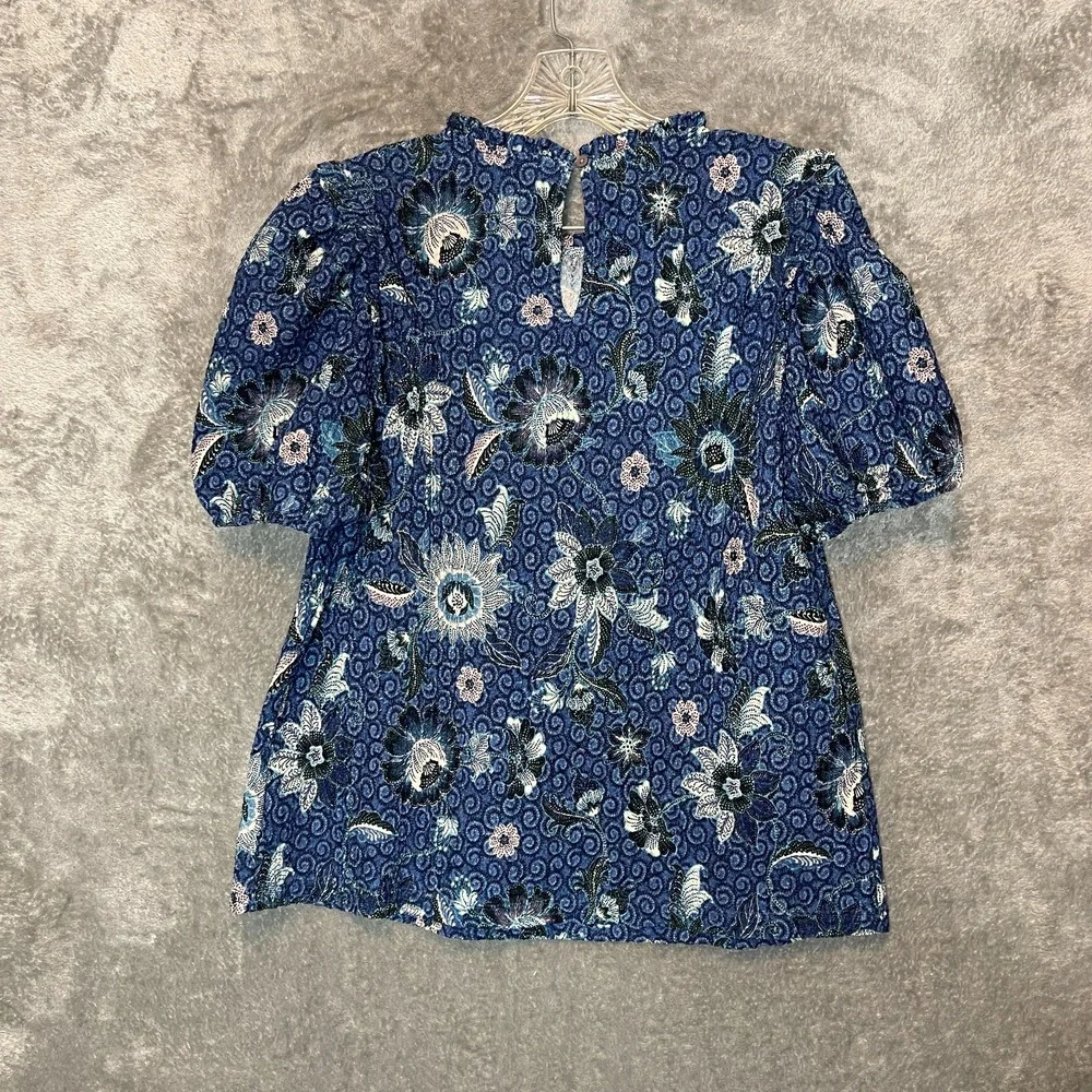 LOFT Women Floral A-Line Stretchy Knit Ruffle Puff Sleeve Office Top M Blue